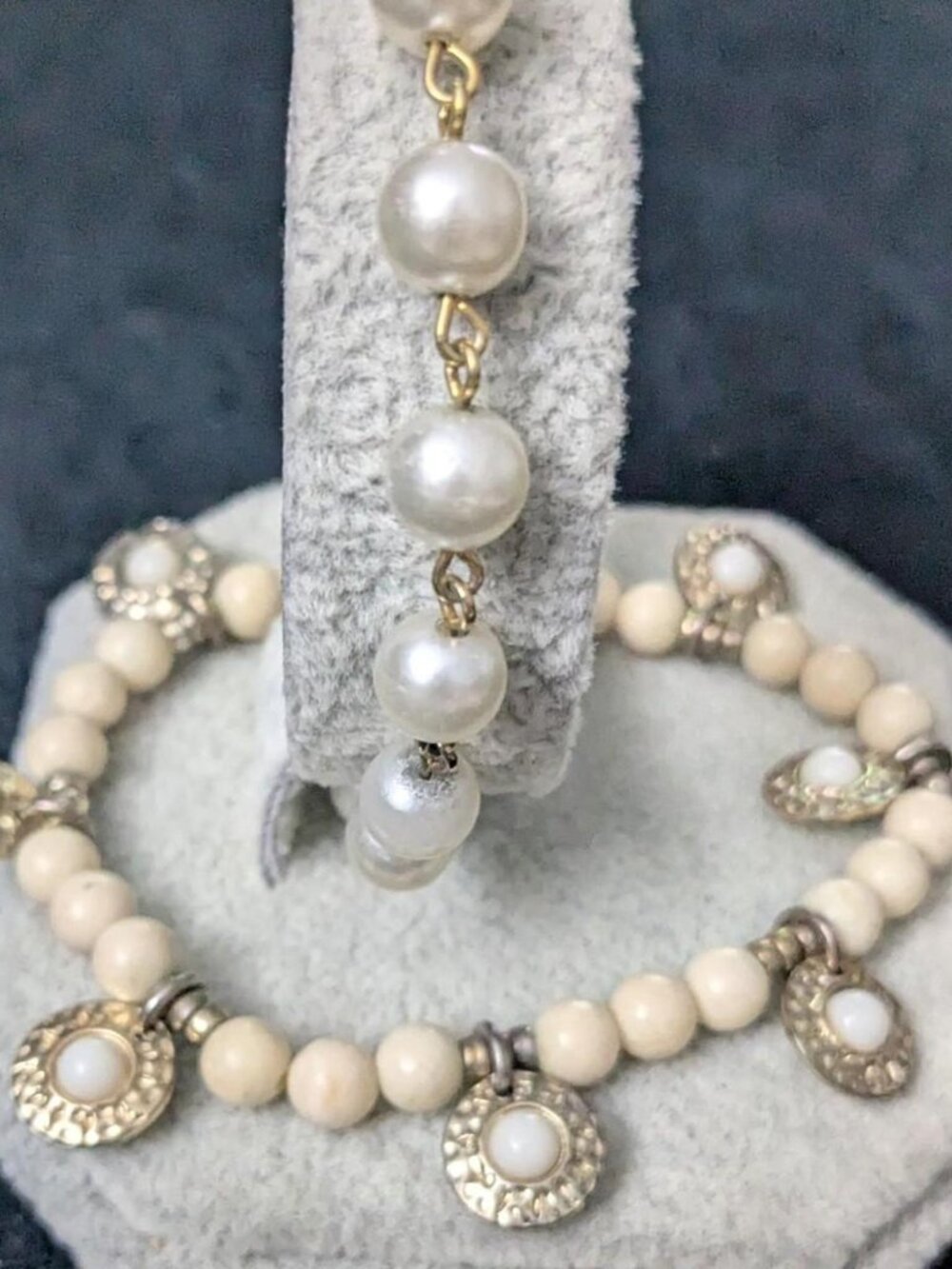 Two Faux Pearl Beaded Bracelets w/ Silver Accents